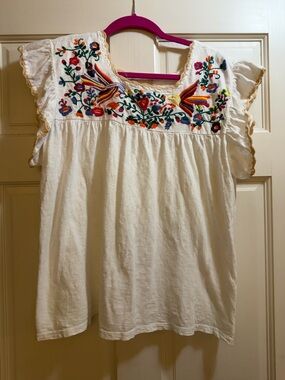 Altar'd State Cream Embroidered Floral Bird Peasant Blouse